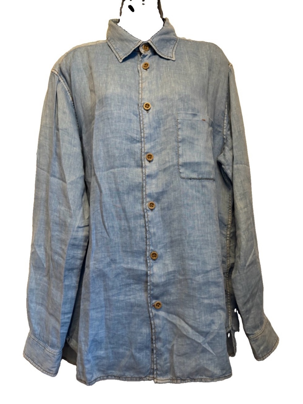 Martin Gordon Button Down Shirt Mens L Blue Linen Contrast Stitch Long Sleeve